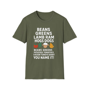 Farm Life T-Shirt — Beans Greens Lamb Ram Hogs Dogs Graphic Tee