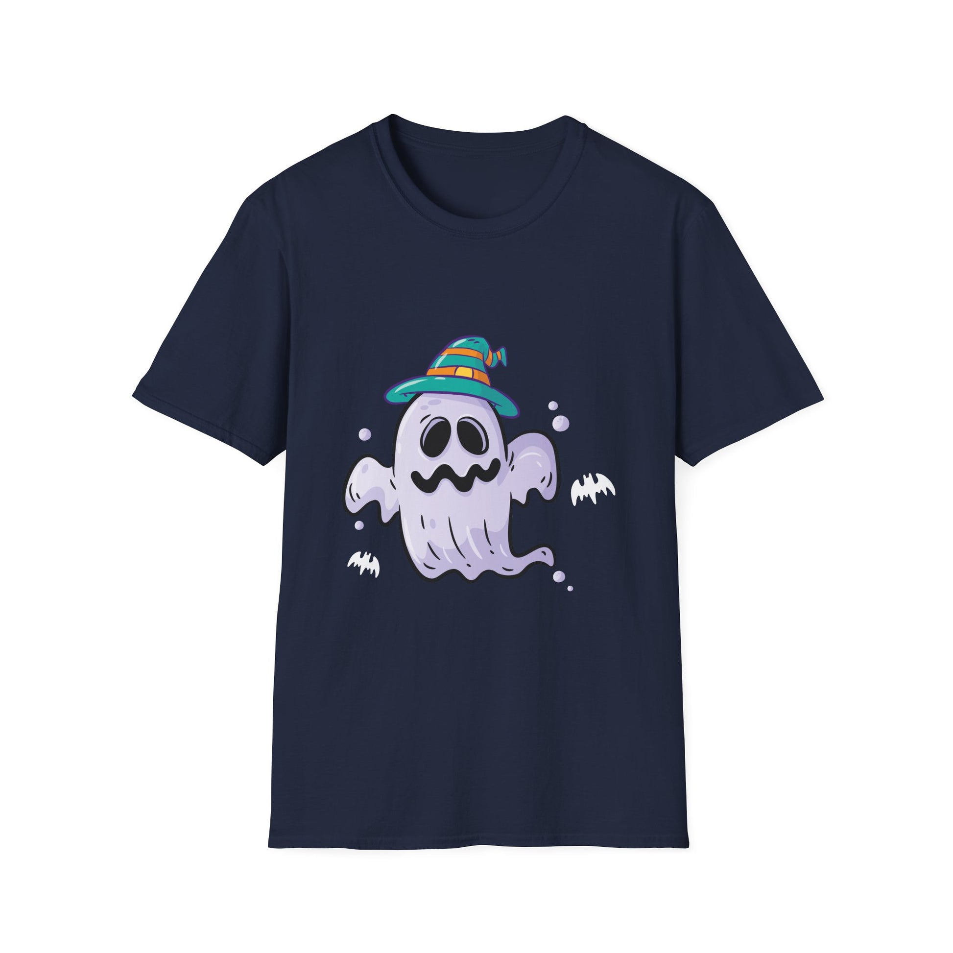 Cute Ghost Halloween T-Shirt – Whimsical Ghost with Striped Witch Hat