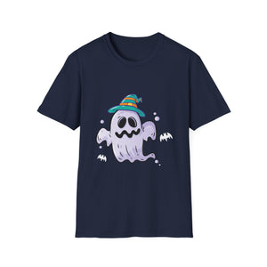 Cute Ghost Halloween T-Shirt – Whimsical Ghost with Striped Witch Hat