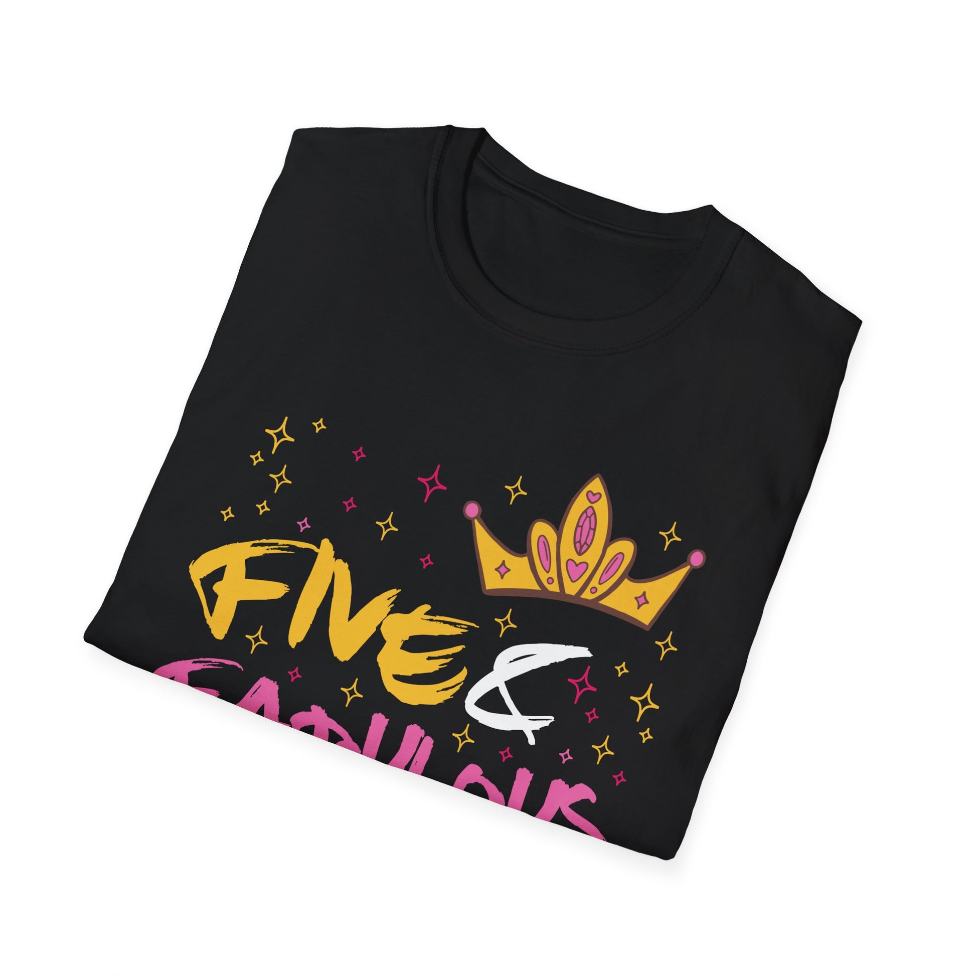 Birthday Tee — "Five & Fabulous" Girls' 5th Birthday T-Shirt with Crown Graphic