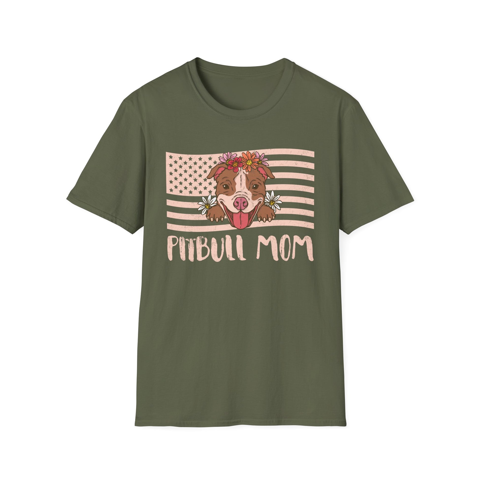 Pitbull Mom T-Shirt – Floral Pitbull with American Flag