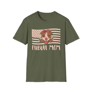 Pitbull Mom T-Shirt – Floral Pitbull with American Flag