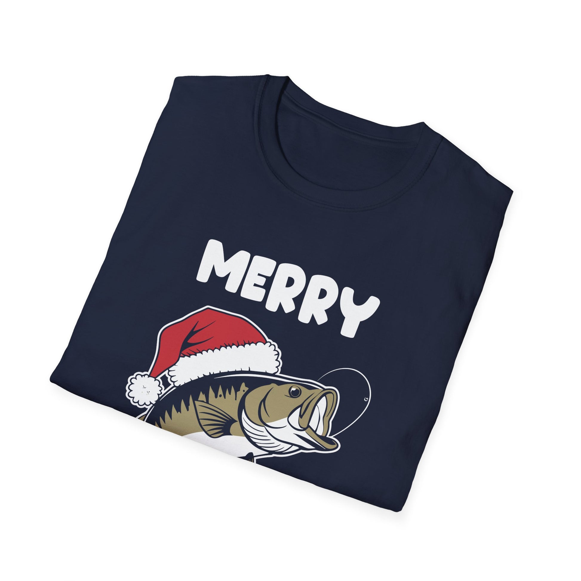 Merry Fishmas T-Shirt — Funny Christmas Fishing Shirt with Santa Hat Bass