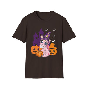 Cute Witch Unicorn Halloween Pumpkin Girls Women Halloween Tee