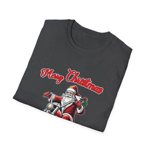 Santa Riding a Motorbike Christmas Tee_ Motorcycle Christmas Unisex Softstyle T-Shirt