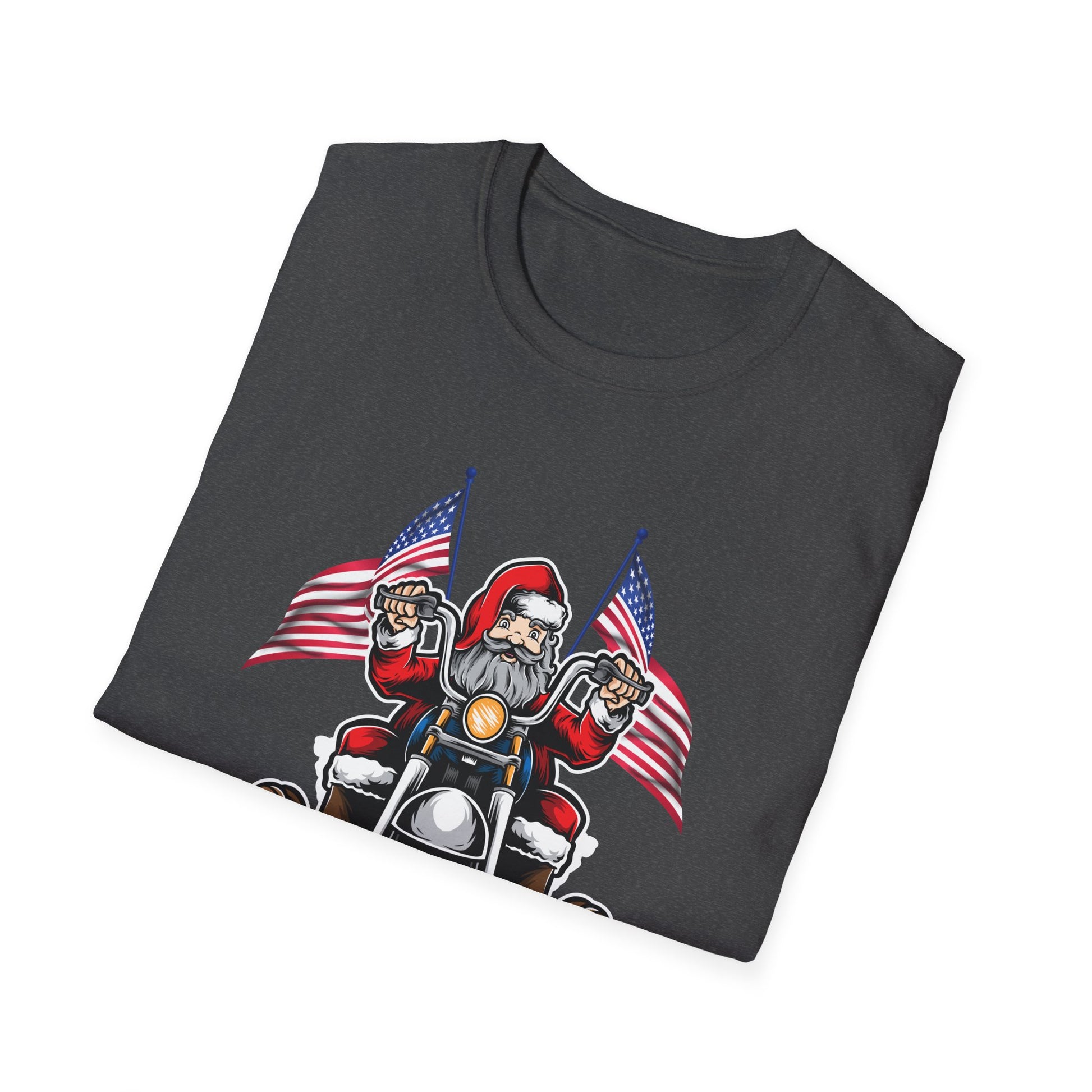 Santa Riding Motorcycle on Christmas - Biker US Flag Unisex Softstyle T-Shirt
