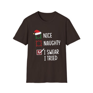 Nice Naughty I Swear I Tried Christmas List Xmas Santa Claus Unisex Softstyle T-Shirt