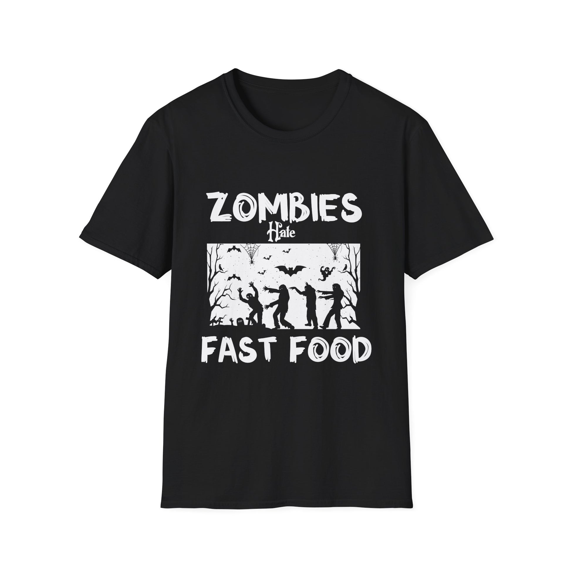 Zombies hate fast food Halloween Fan Funny Halloween T-Shirt-productor-mockup