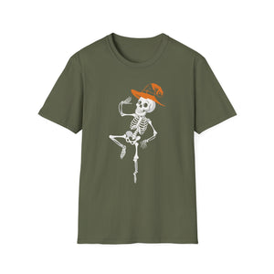 Dancing Skeleton Tee with Orange Witch Hat – Halloween Party T-Shirt