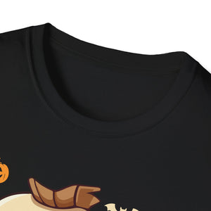 Cute Dinosaur Halloween T-Shirt — Baby Dino with Jack-O'-Lantern Pumpkins