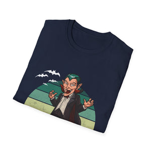 Vampire Cartoon Halloween T-Shirt — Retro Striped Dracula with Pumpkin