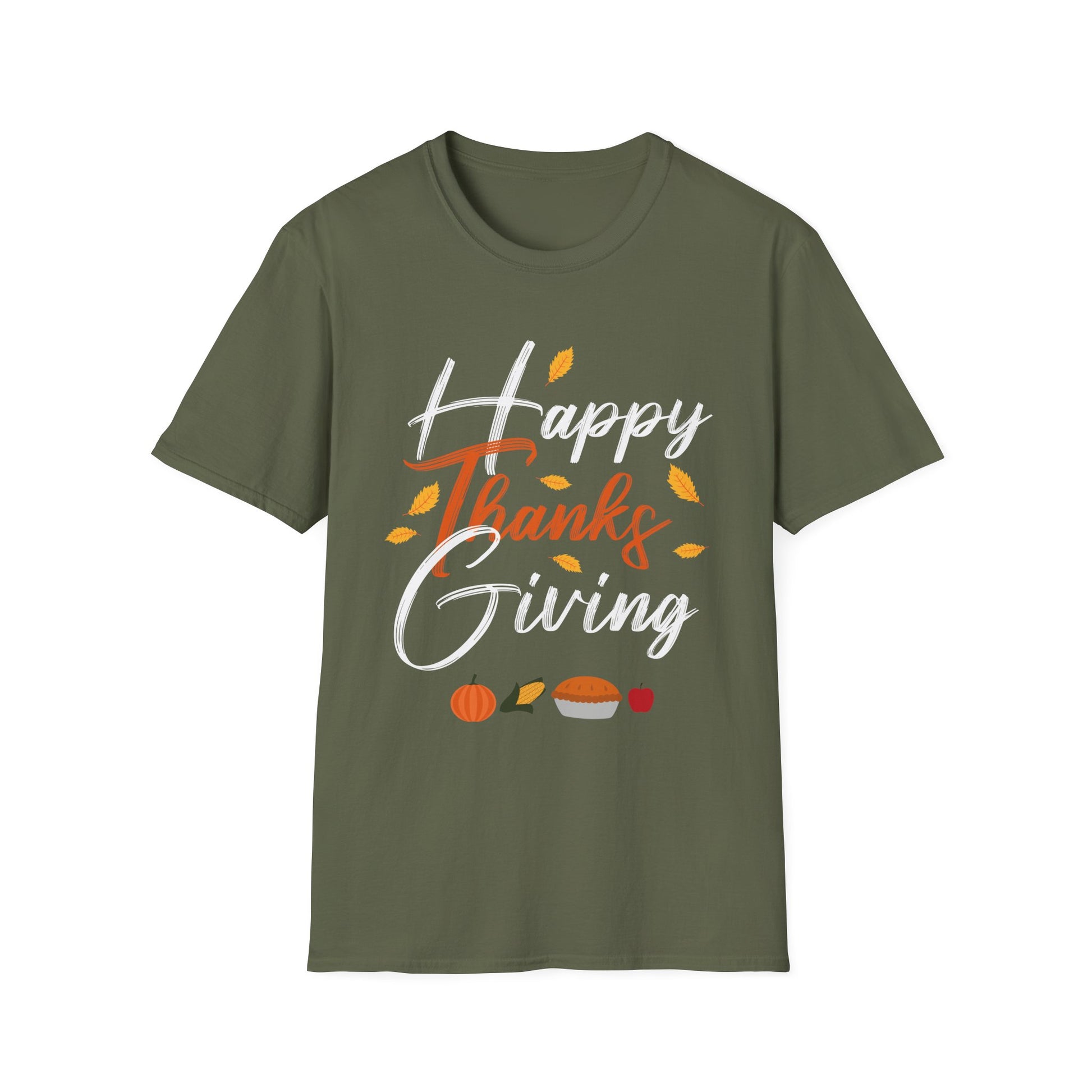 Thanksgiving T-Shirt — "Happy Thanks Giving" Fall Leaves & Pie Holiday Tee