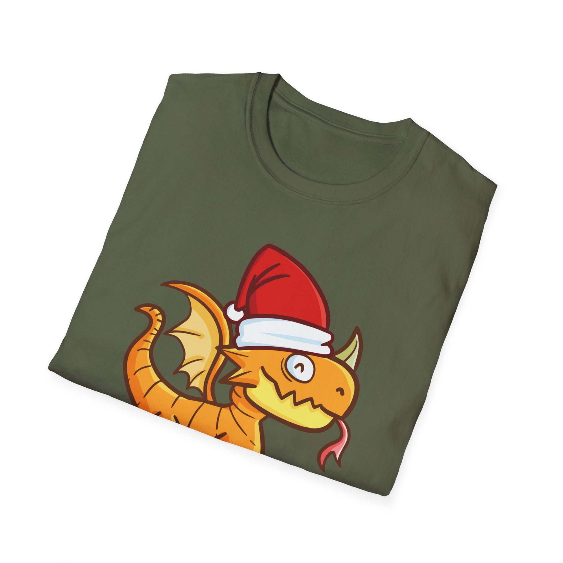 Christmas Dragon T-Shirt — Cute Cartoon Dragon in Santa Hat, "Merry Christmas" Holiday Tee