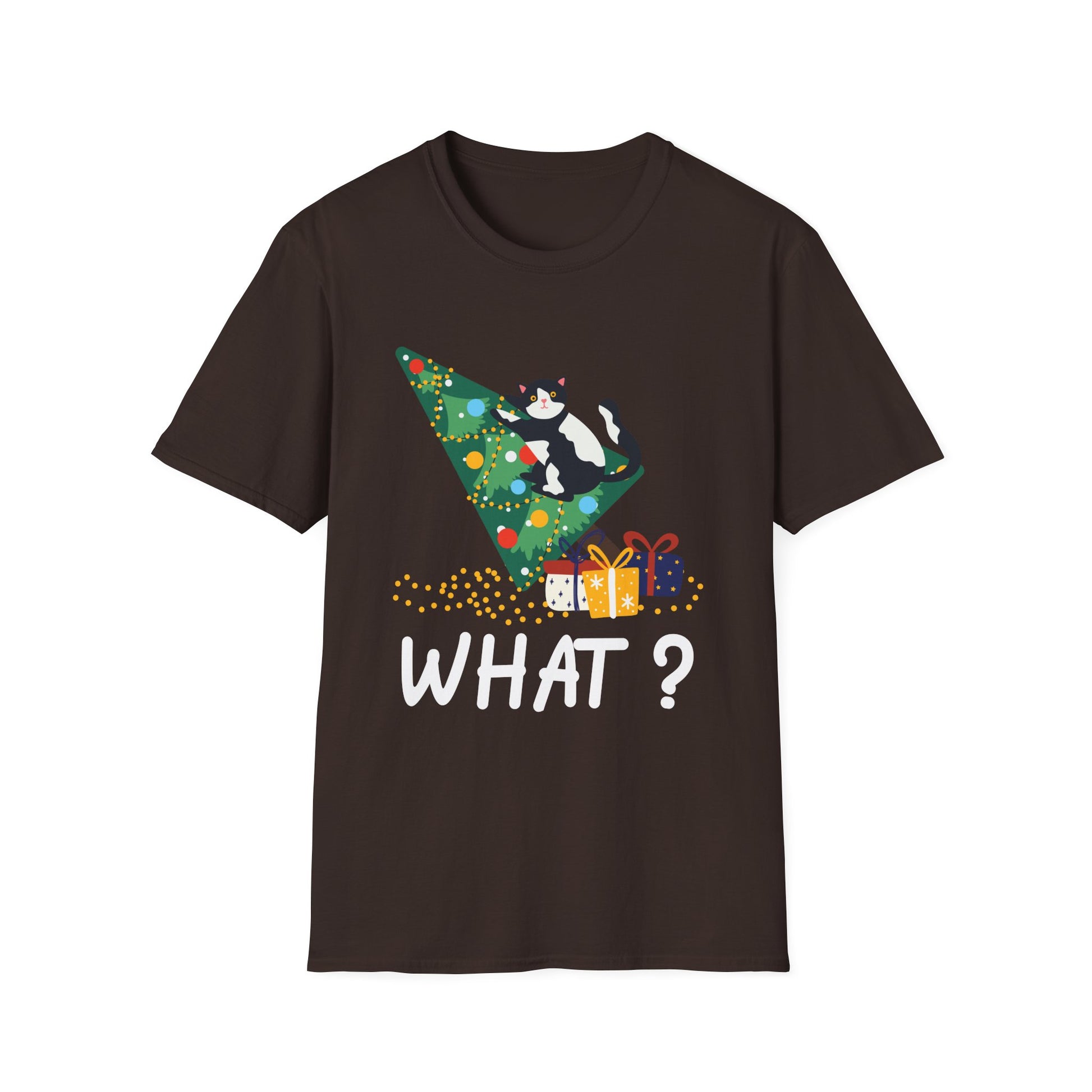 Christmas Cat T‑Shirt — 'WHAT?' Funny Holiday Cat Knocked Over Tree Tee