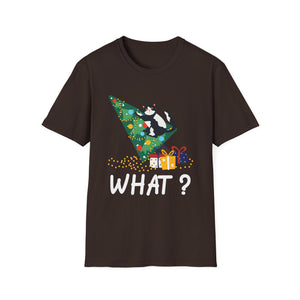 Christmas Cat T‑Shirt — 'WHAT?' Funny Holiday Cat Knocked Over Tree Tee
