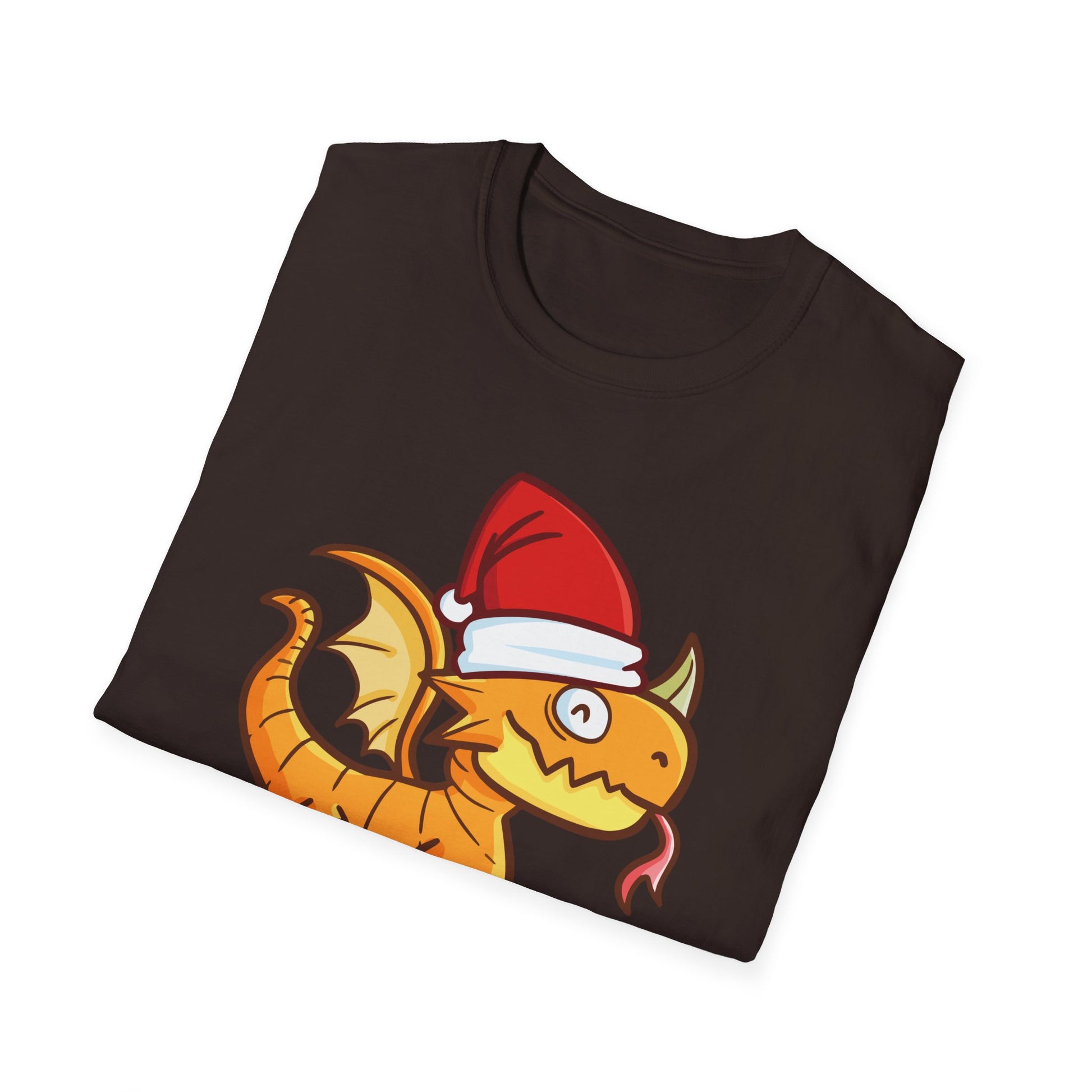 Christmas Dragon T-Shirt — Cute Cartoon Dragon in Santa Hat, "Merry Christmas" Holiday Tee