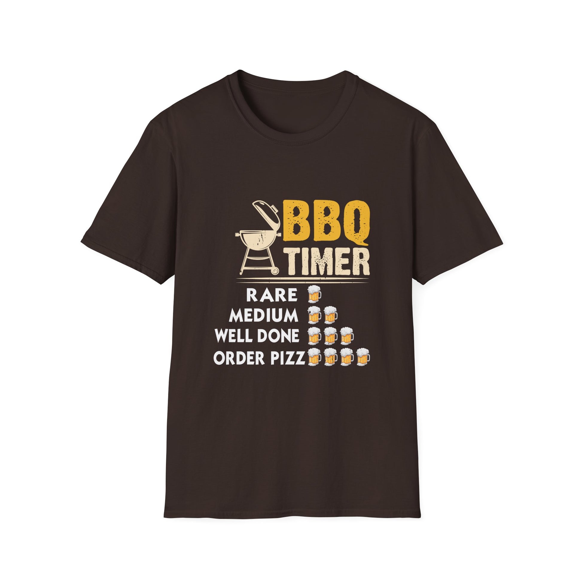 BBQ Timer T-Shirt – Funny Grilling Shirt with Beer Icons (Rare, Medium, Well Done, Order Pizza)