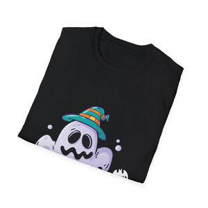 Cute Ghost Halloween T-Shirt – Whimsical Ghost with Striped Witch Hat