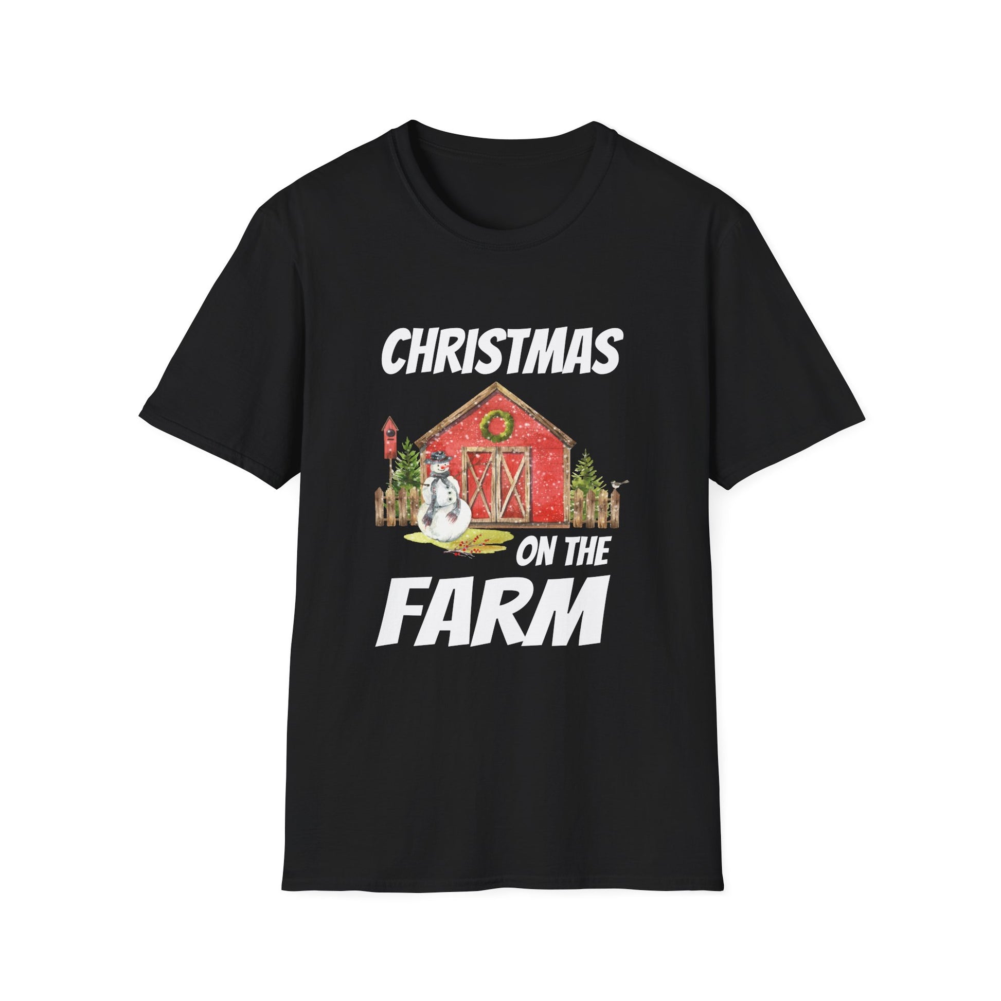 Christmas on the Farm T-Shirt — Holiday Barn & Snowman Farmhouse Tee
