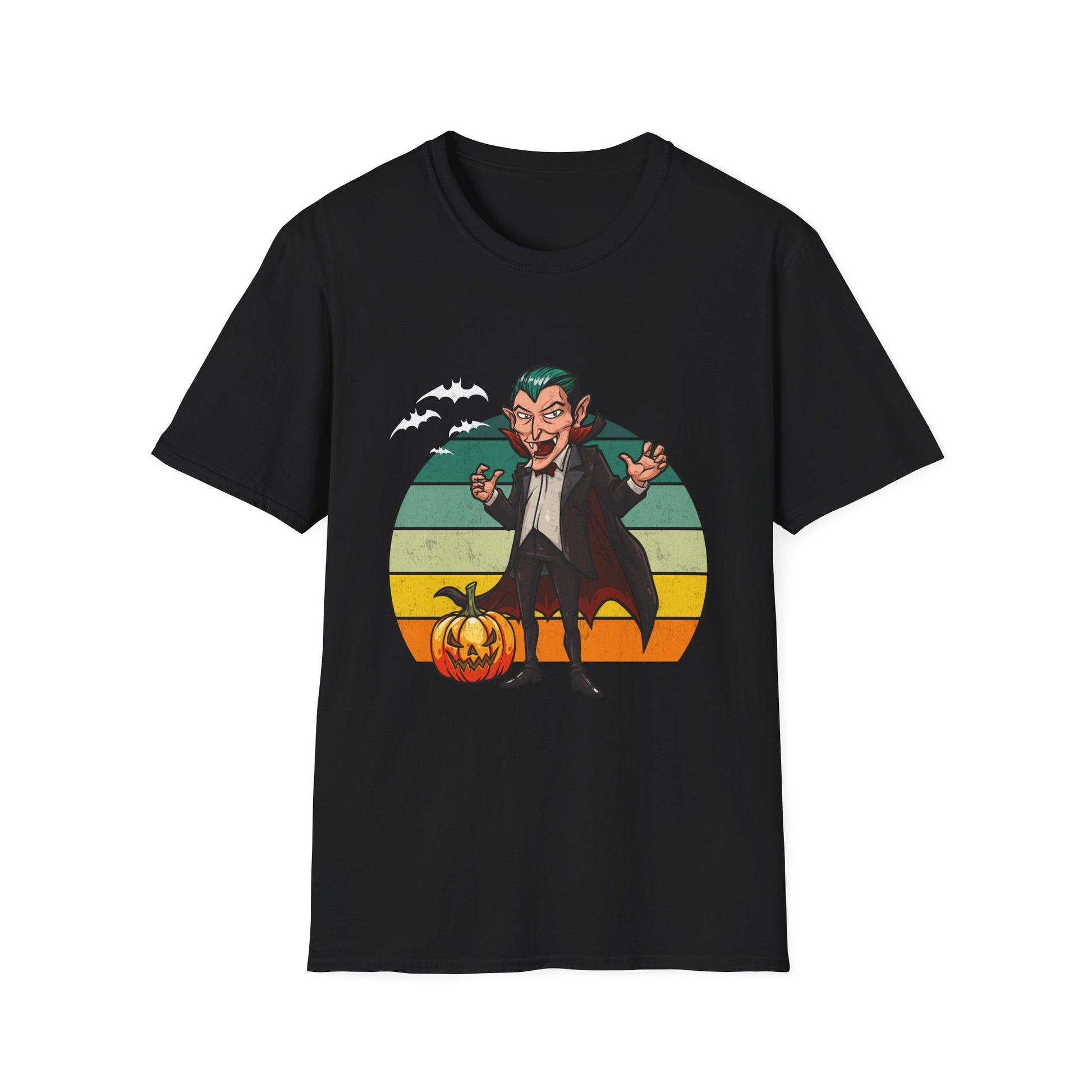 Vampire Cartoon Halloween T-Shirt — Retro Striped Dracula with Pumpkin