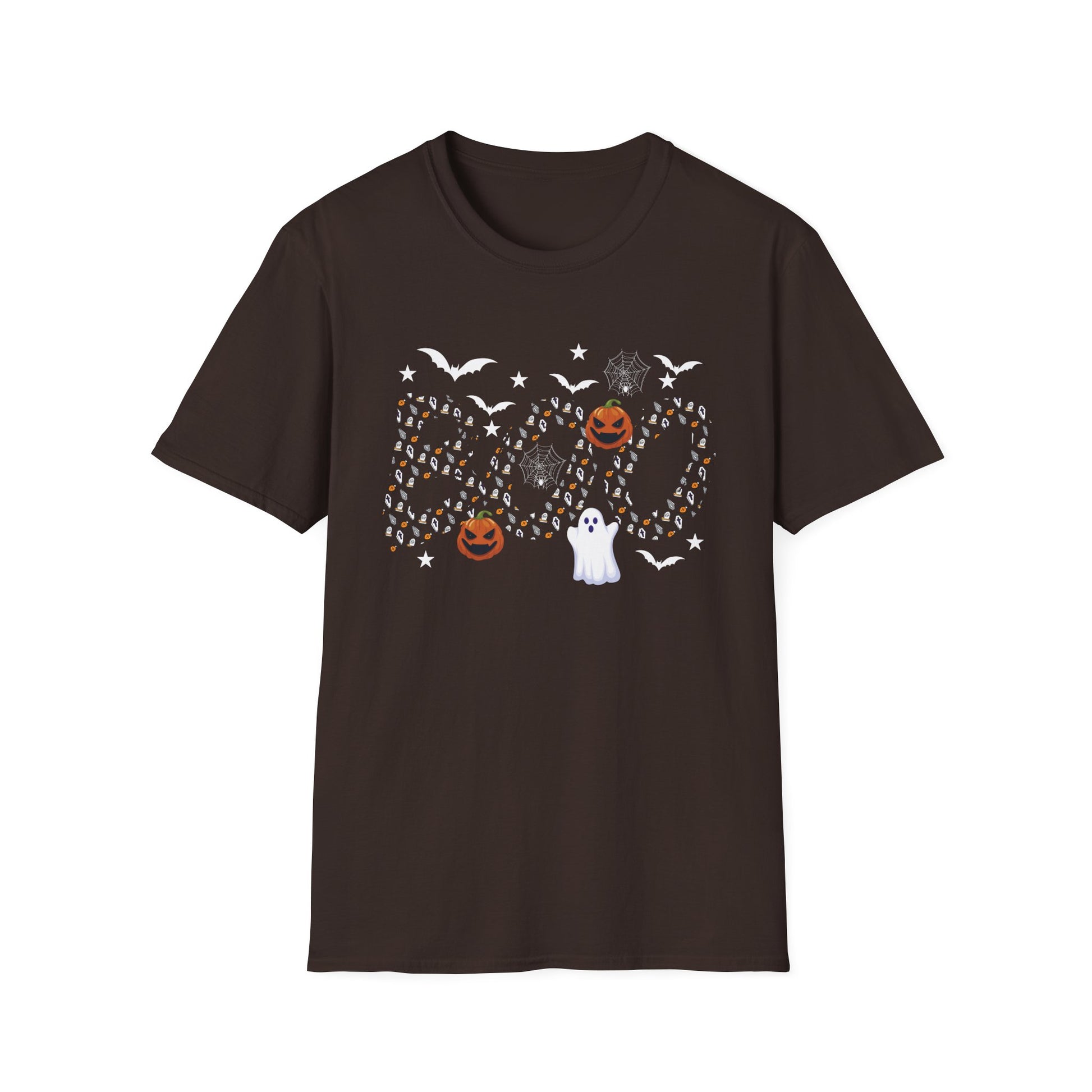 Halloween Boo Ghost Pumpkin T-Shirt — Spooky Bat & Candy Pattern Tee