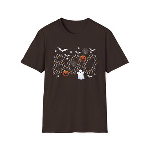 Halloween Boo Ghost Pumpkin T-Shirt — Spooky Bat & Candy Pattern Tee