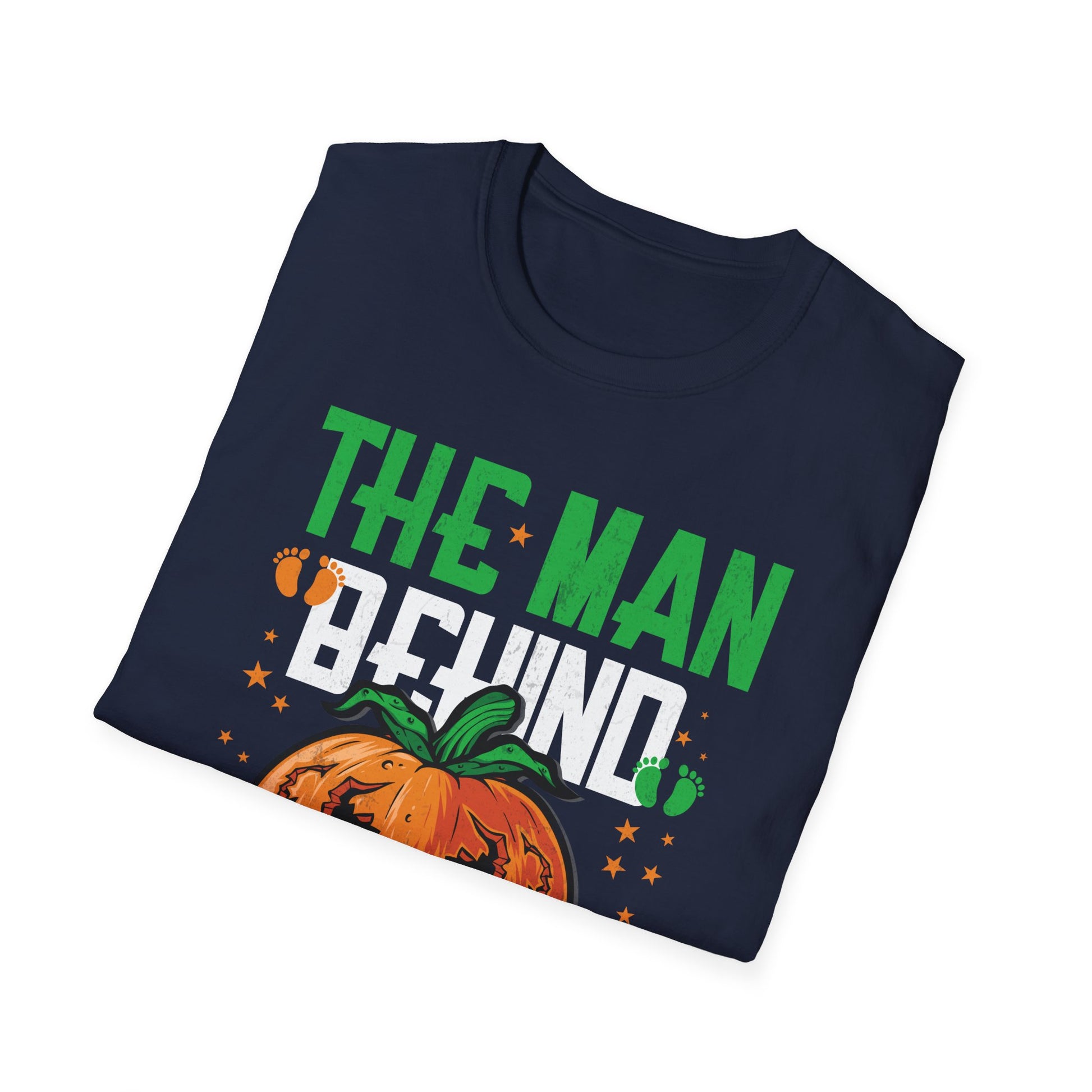 Mens The Man Behind The Pumpkin Dad Halloween Pregnancy Reveal  Unisex Softstyle T-Shirt