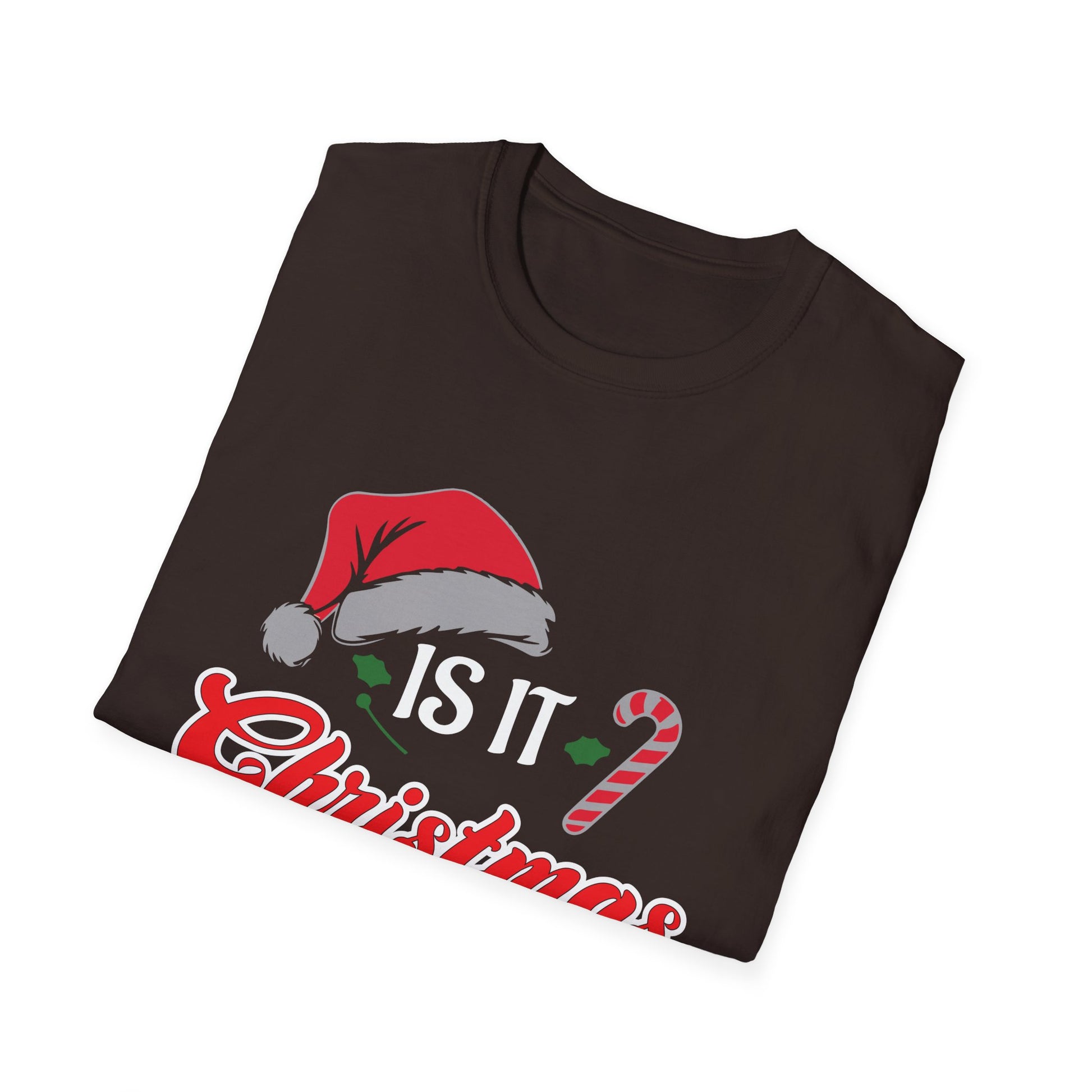 Christmas T-Shirt – "Is It Christmas Yet?" Holiday Tee with Santa Hat & Candy Cane
