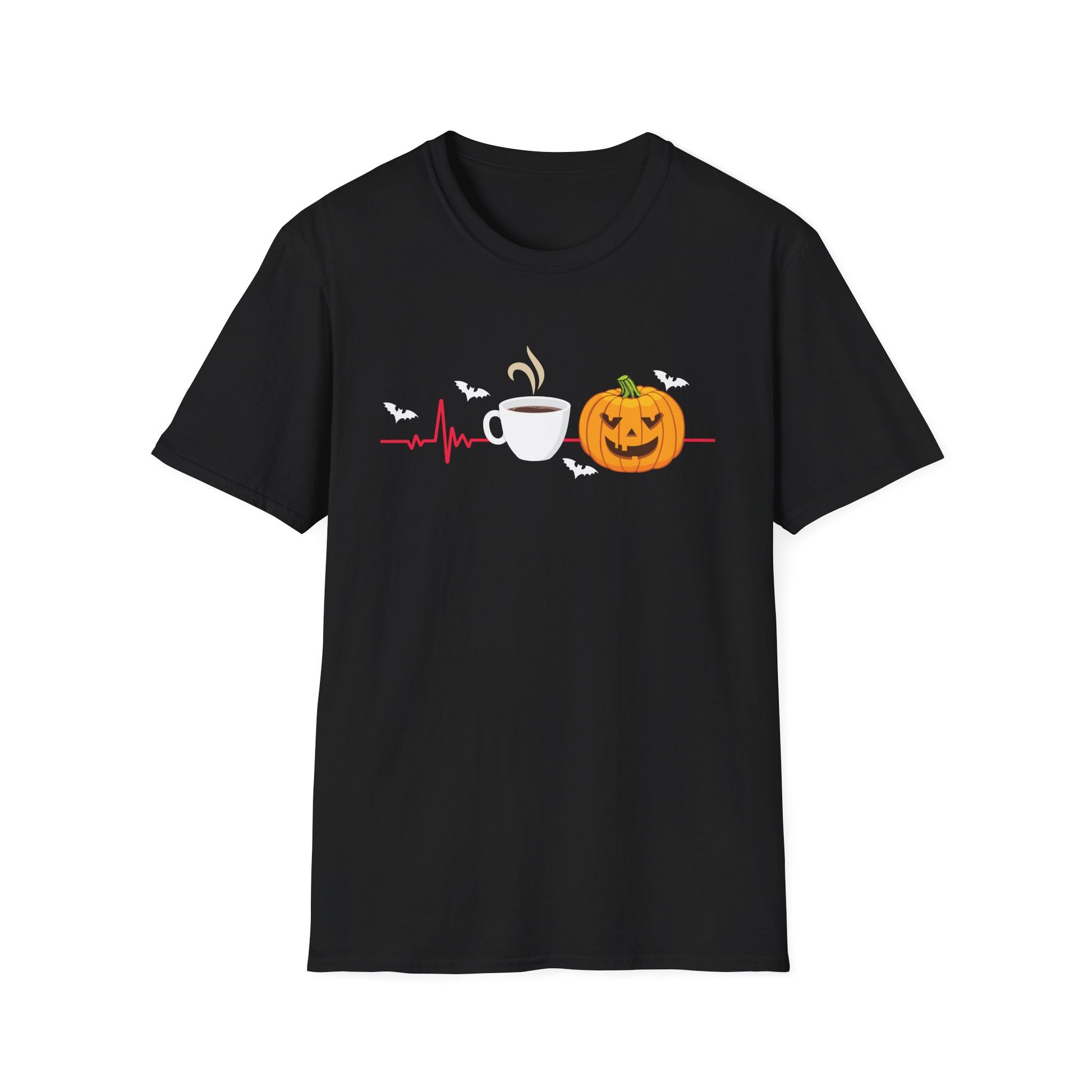 Halloween Coffee T-Shirt — Pumpkin, Bat & Heartbeat Graphic Tee