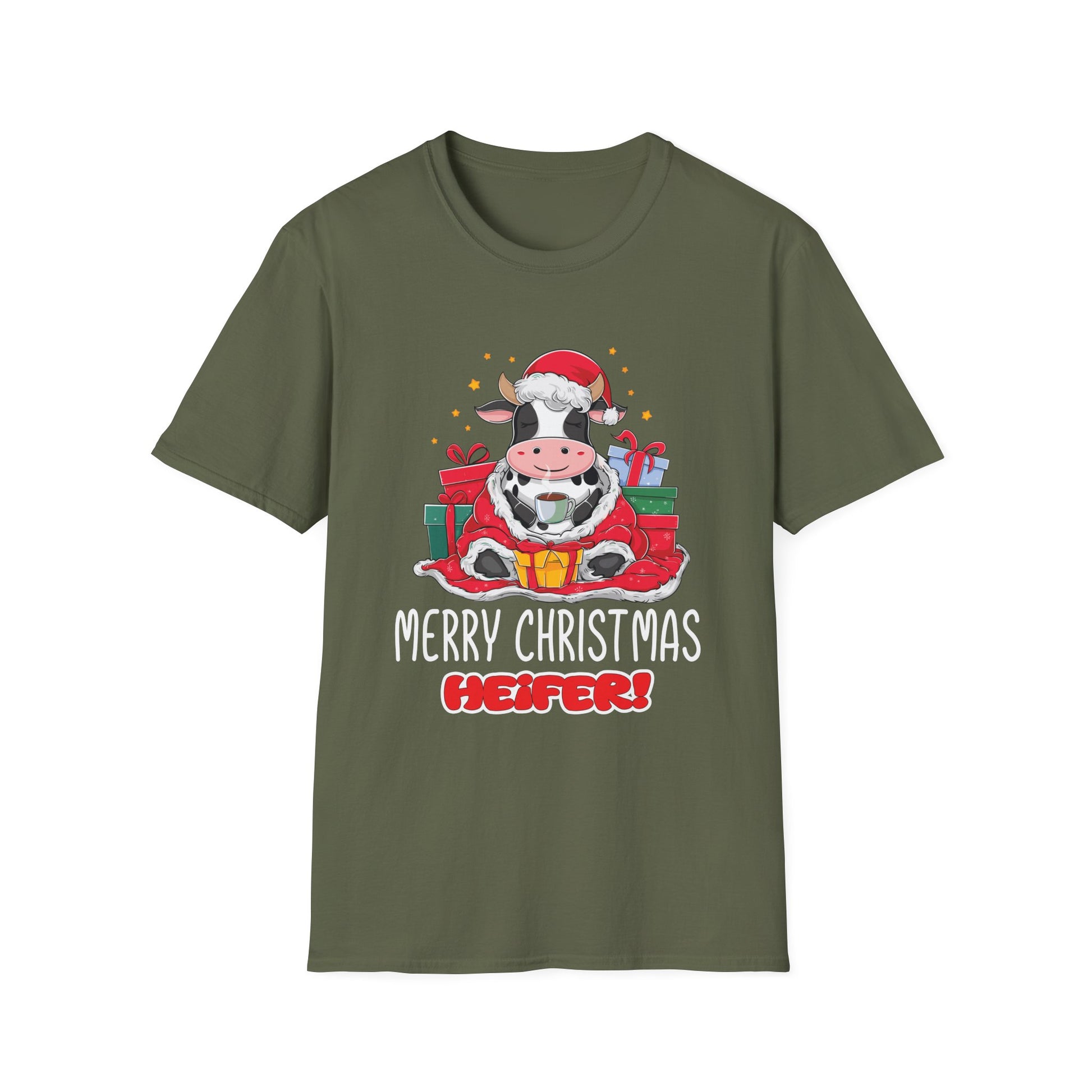 Christmas Cow T-Shirt — "Merry Christmas Heifer!" Cute Holiday Cow Tee