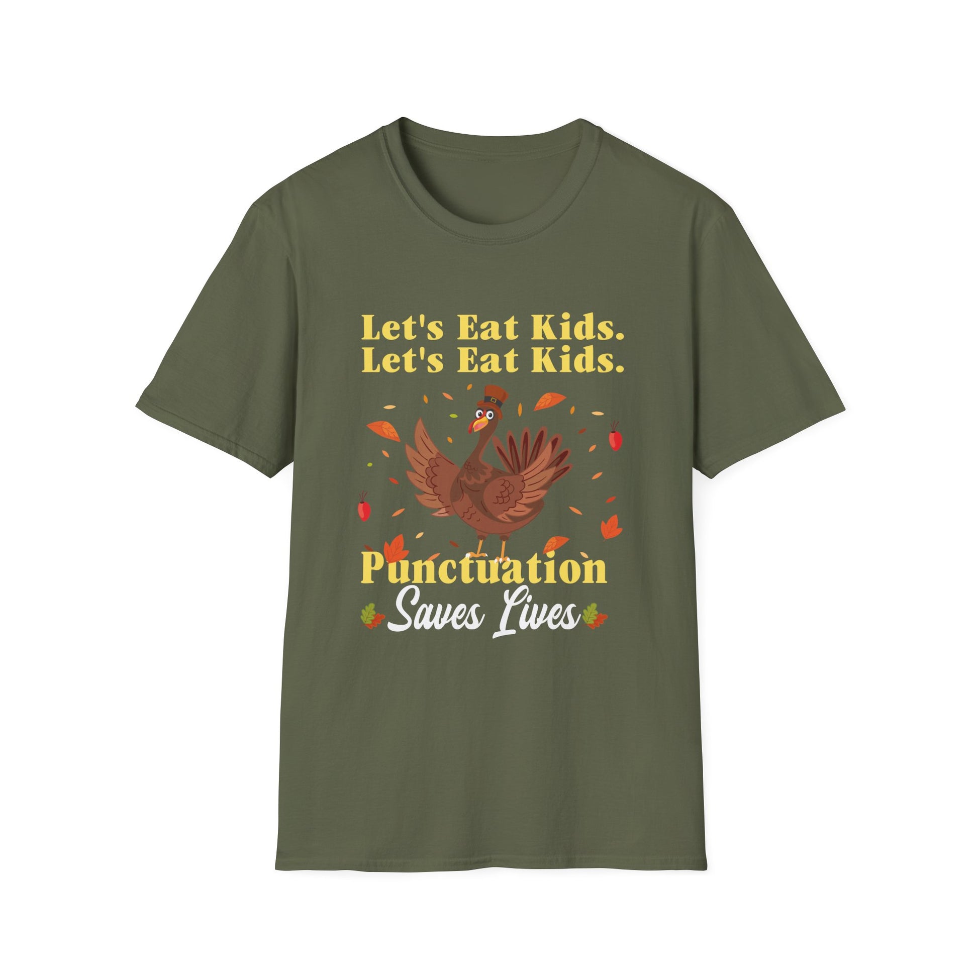 Punctuation Saves Lives T-Shirt — "Let's Eat Kids. Let's Eat Kids." Funny Grammar Thanksgiving Tee