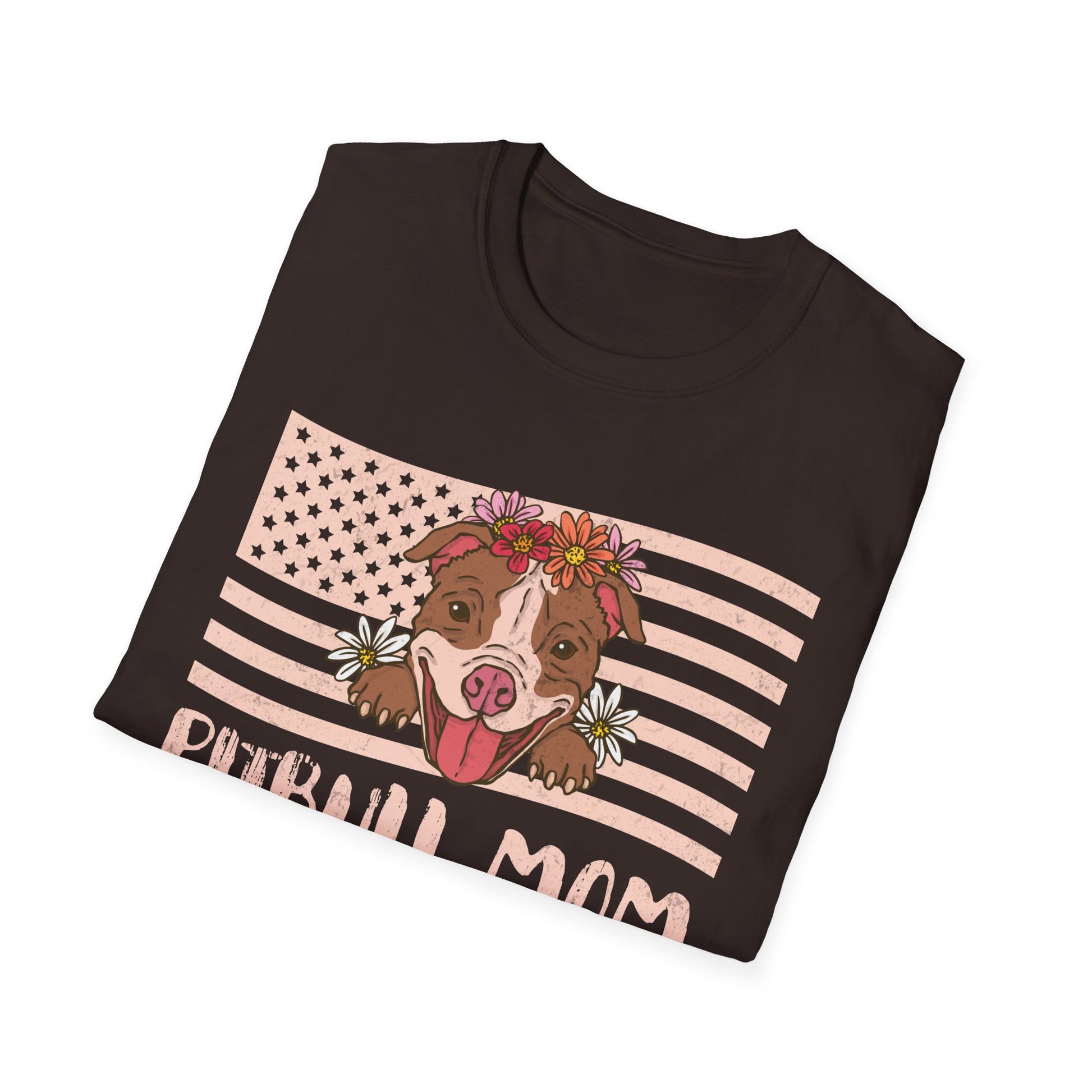 Pitbull Mom T-Shirt – Floral Pitbull with American Flag