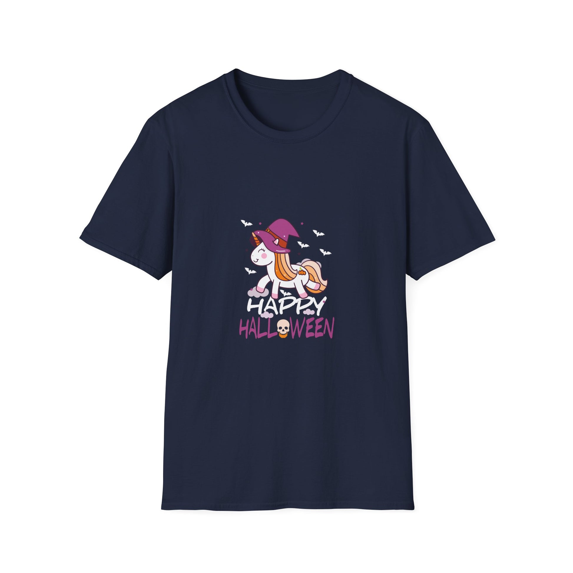 Happy Halloween Unicorn T-Shirt — Cute Witch Hat Unicorn with Bats & Skull