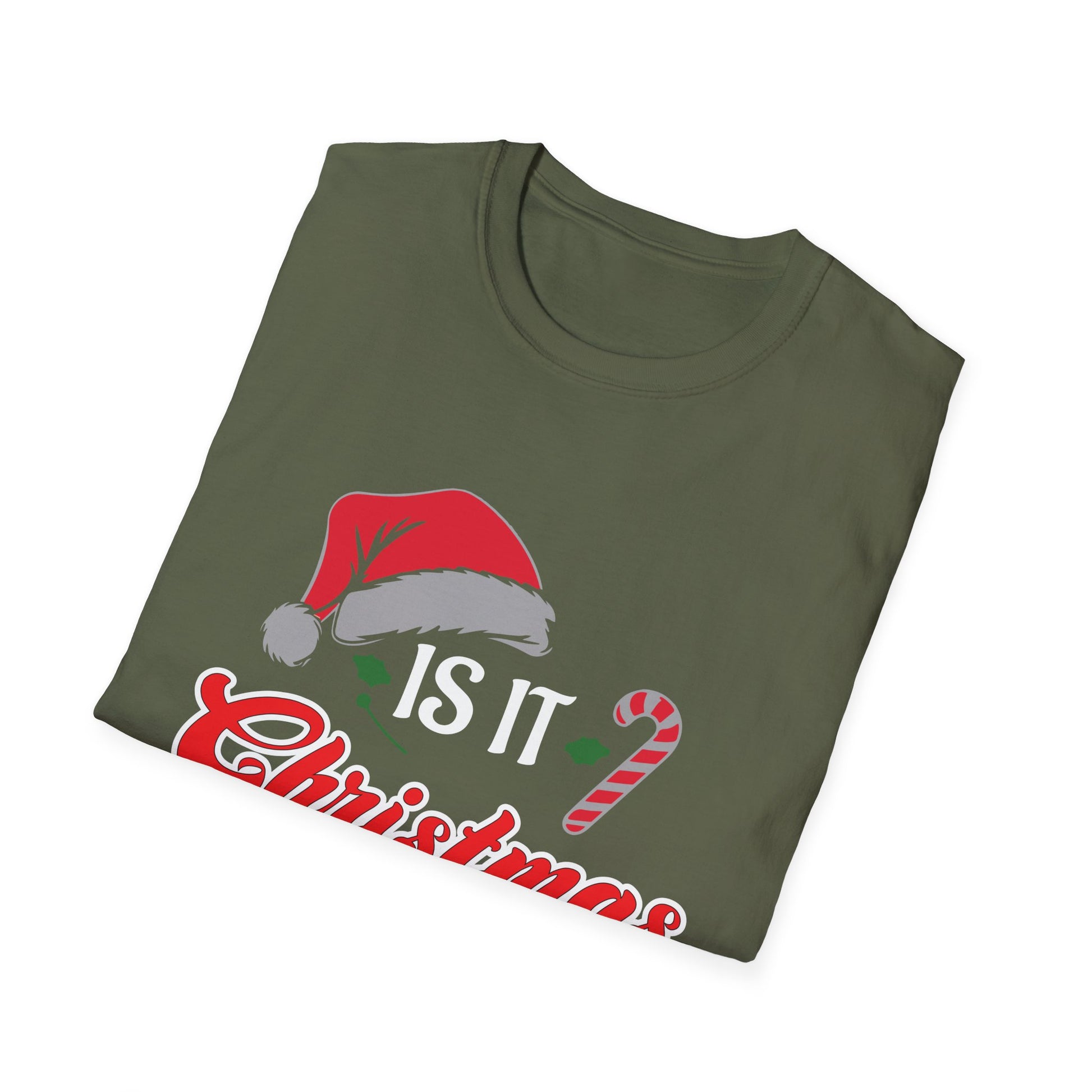 Christmas T-Shirt – "Is It Christmas Yet?" Holiday Tee with Santa Hat & Candy Cane
