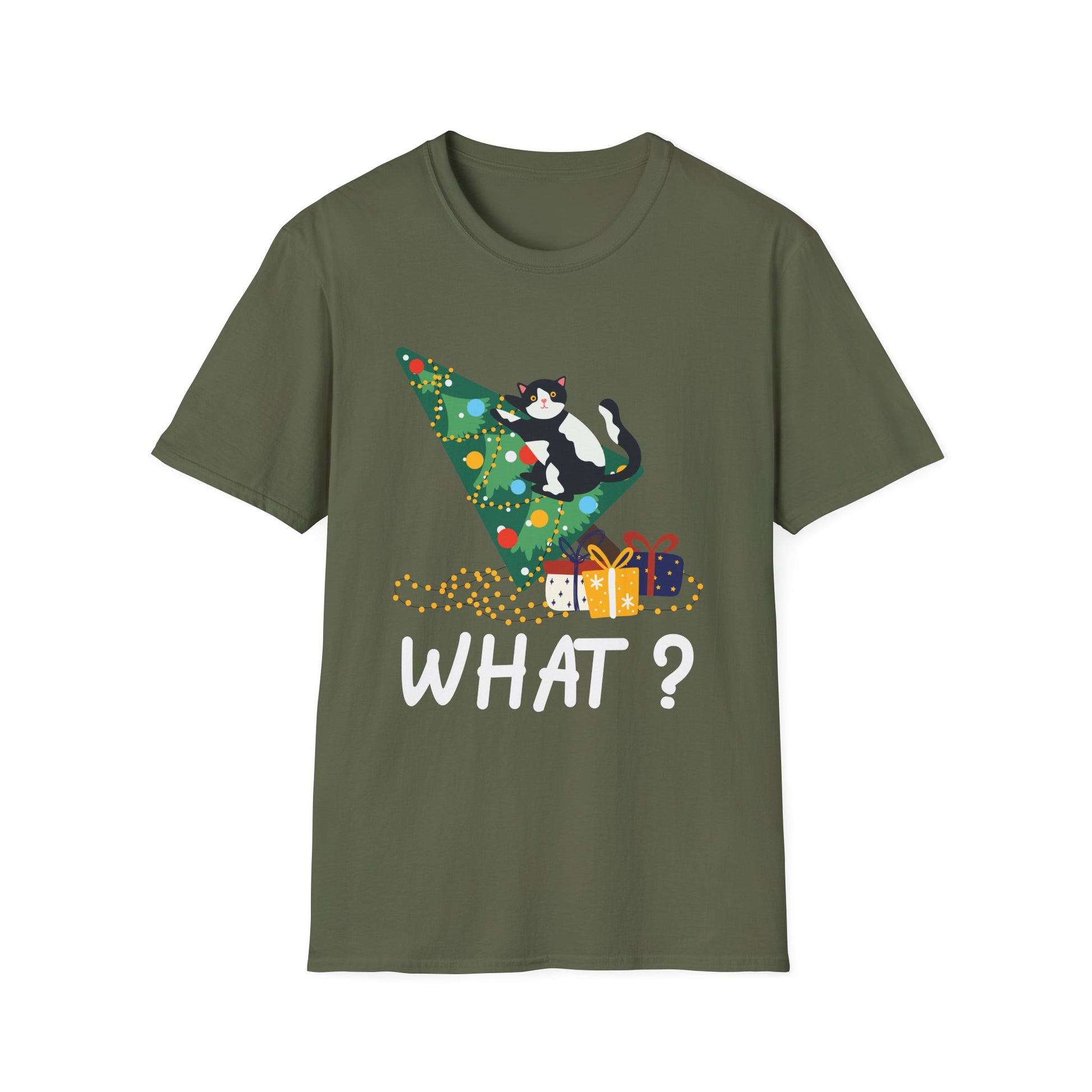 Christmas Cat T‑Shirt — 'WHAT?' Funny Holiday Cat Knocked Over Tree Tee