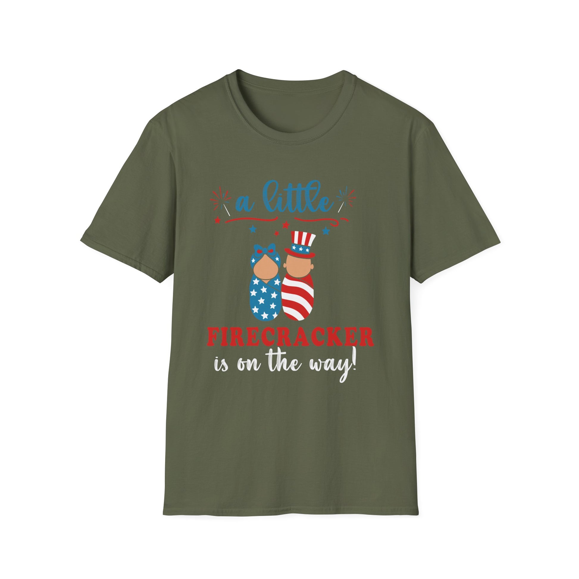 Baby Shower T-Shirt – “A Little Firecracker Is On The Way” Patriotic 4th of July Pregnancy Tee