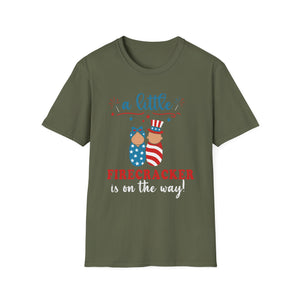 Baby Shower T-Shirt – “A Little Firecracker Is On The Way” Patriotic 4th of July Pregnancy Tee