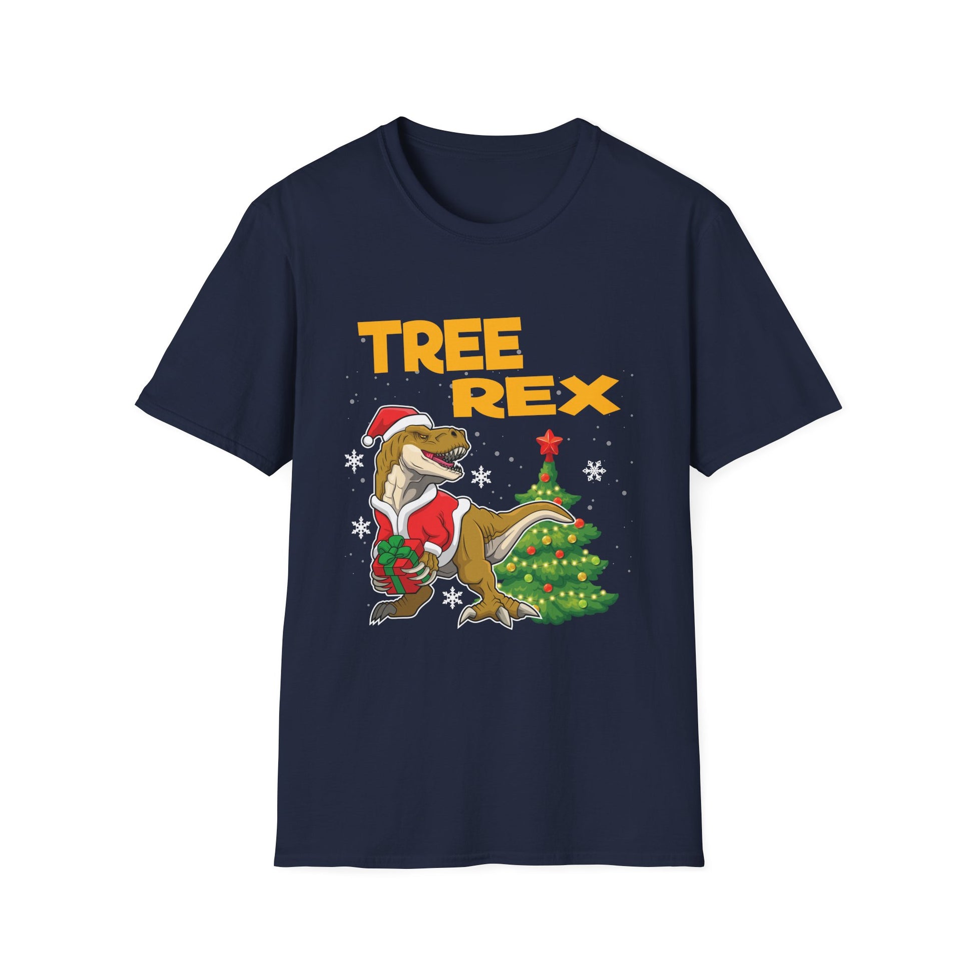 Tree Rex Christmas T-Shirt — Funny Santa T-Rex Decorating Tree Holiday Tee