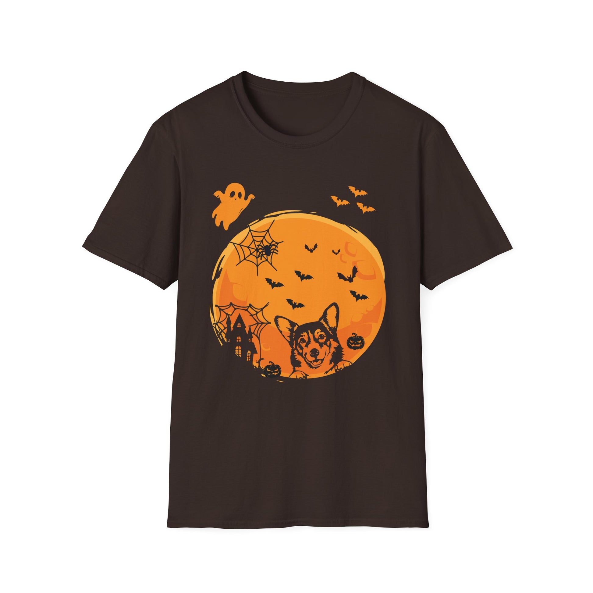 Halloween Corgi Moon T-Shirt — Spooky Pumpkin Night Tee with Bats & Ghost