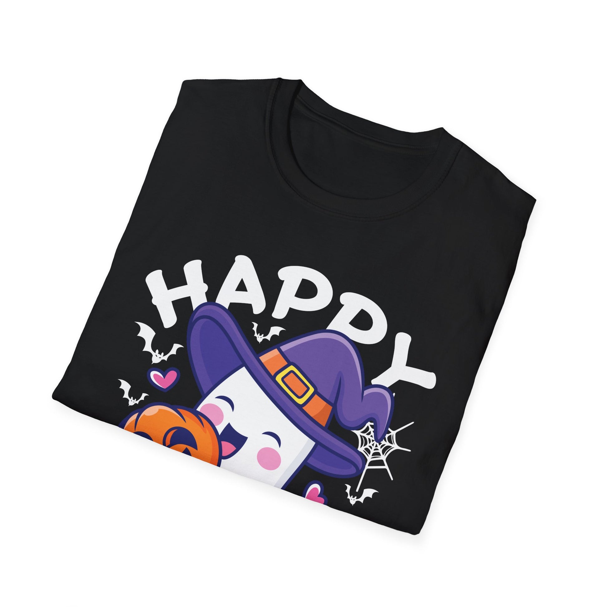 Happy Halloween Ghost T‑Shirt — Cute Witch Hat & Jack‑O’Lantern Graphic