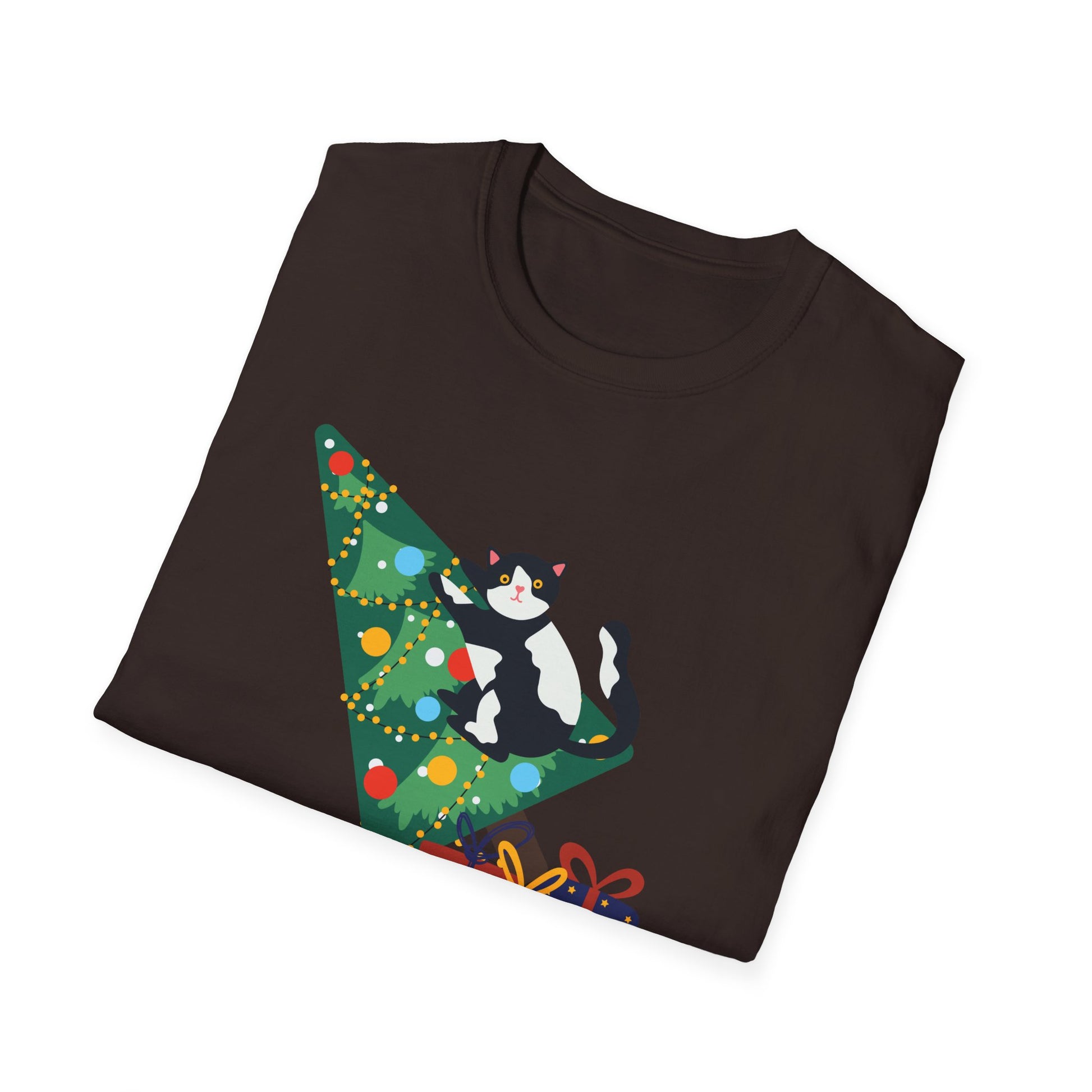 Christmas Cat T‑Shirt — 'WHAT?' Funny Holiday Cat Knocked Over Tree Tee