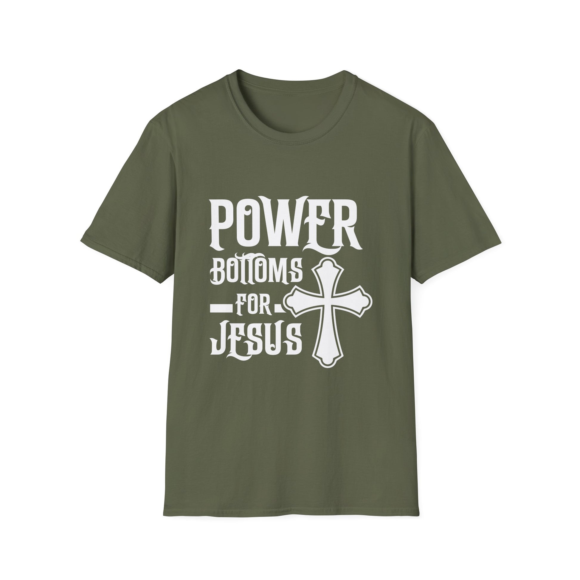 T-Shirt — "Power Bottoms for Jesus" Cross Graphic Religious Tee