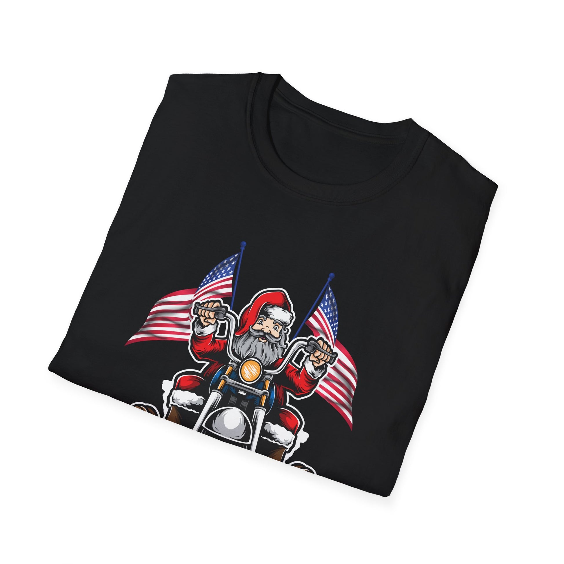 Santa Riding Motorcycle on Christmas - Biker US Flag Unisex Softstyle T-Shirt