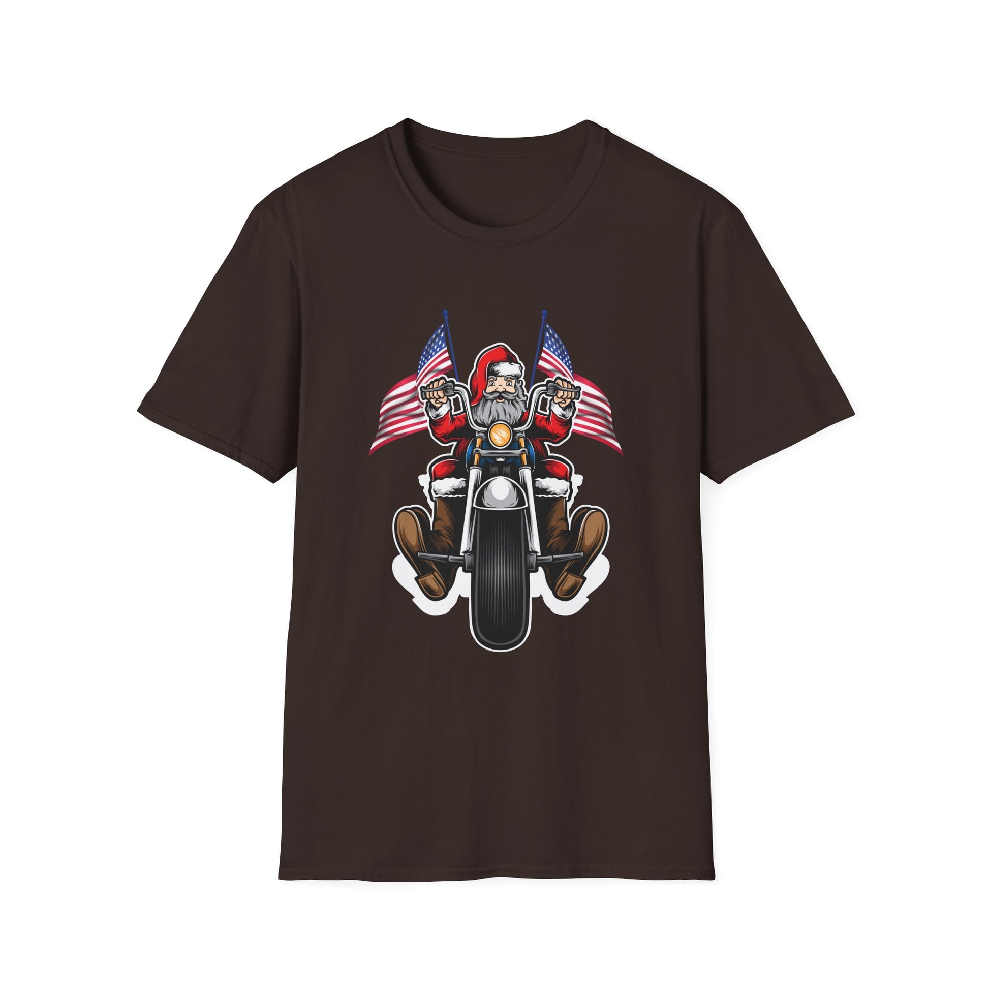 Santa Riding Motorcycle on Christmas - Biker US Flag Unisex Softstyle T-Shirt