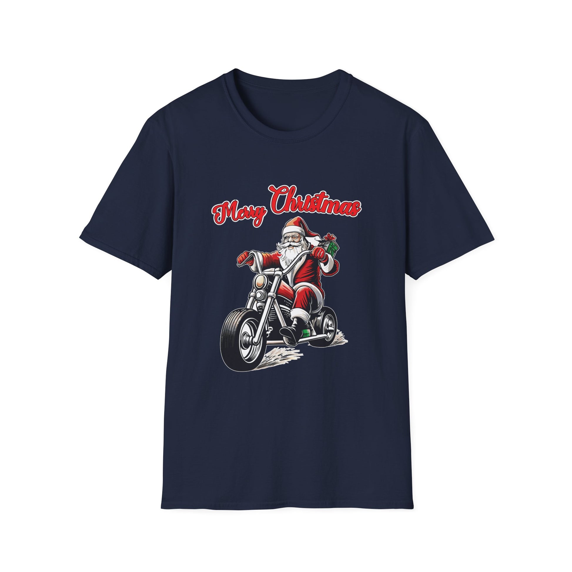 Santa Riding a Motorbike Christmas Tee_ Motorcycle Christmas Unisex Softstyle T-Shirt