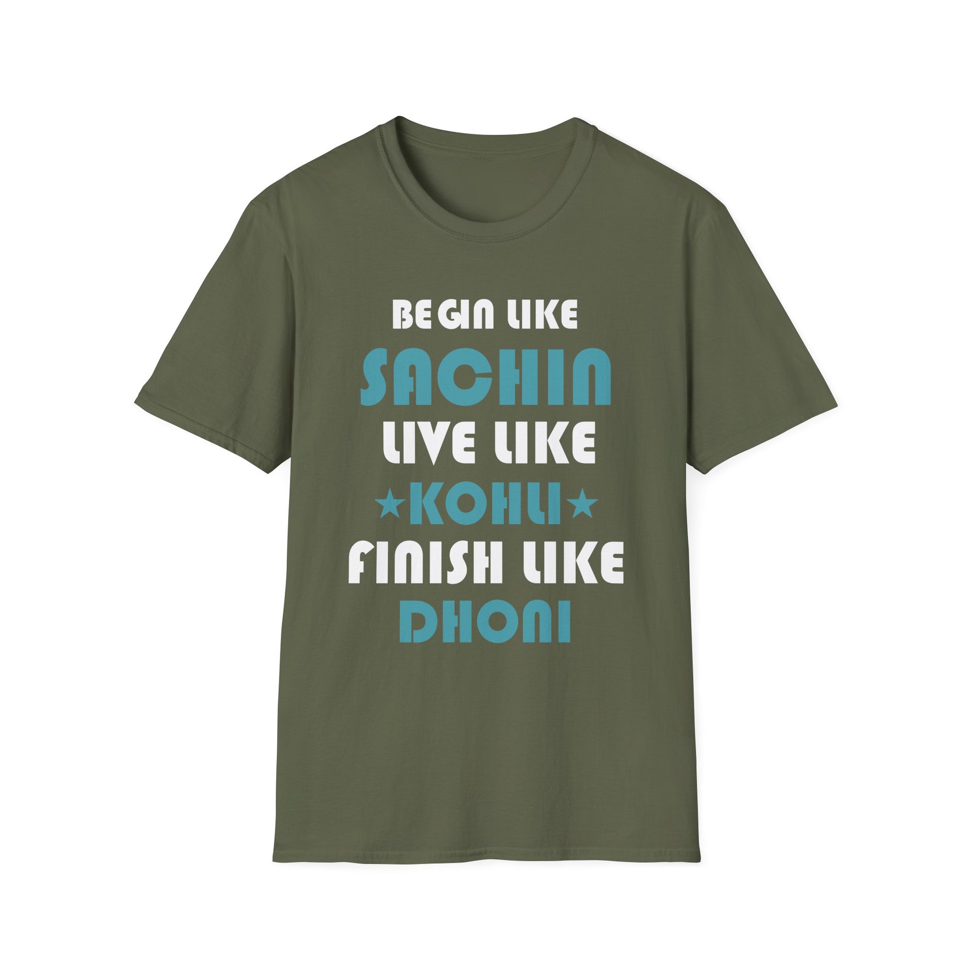 Cricket Legends T-Shirt — "Begin Like Sachin, Live Like Kohli, Finish Like Dhoni"