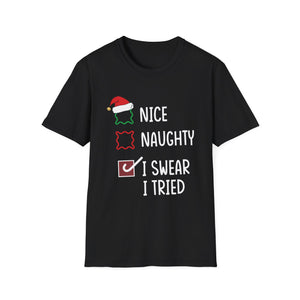Nice Naughty I Swear I Tried Christmas List Xmas Santa Claus Unisex Softstyle T-Shirt