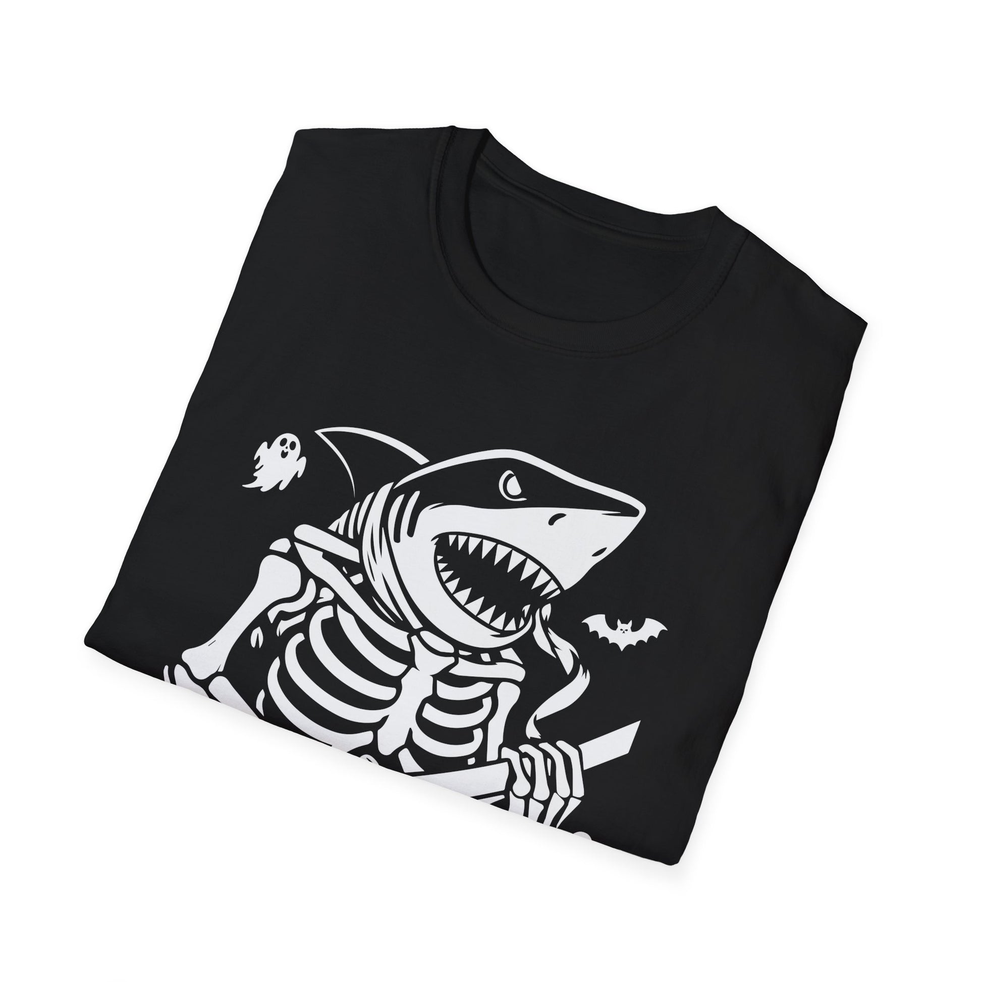 Shark Skeleton Samurai T-Shirt — Halloween Pirate Sword Graphic Tee