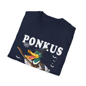 Ponkus Honkus Duck Witch T‑Shirt — Funny Halloween Broomstick Duck Tee