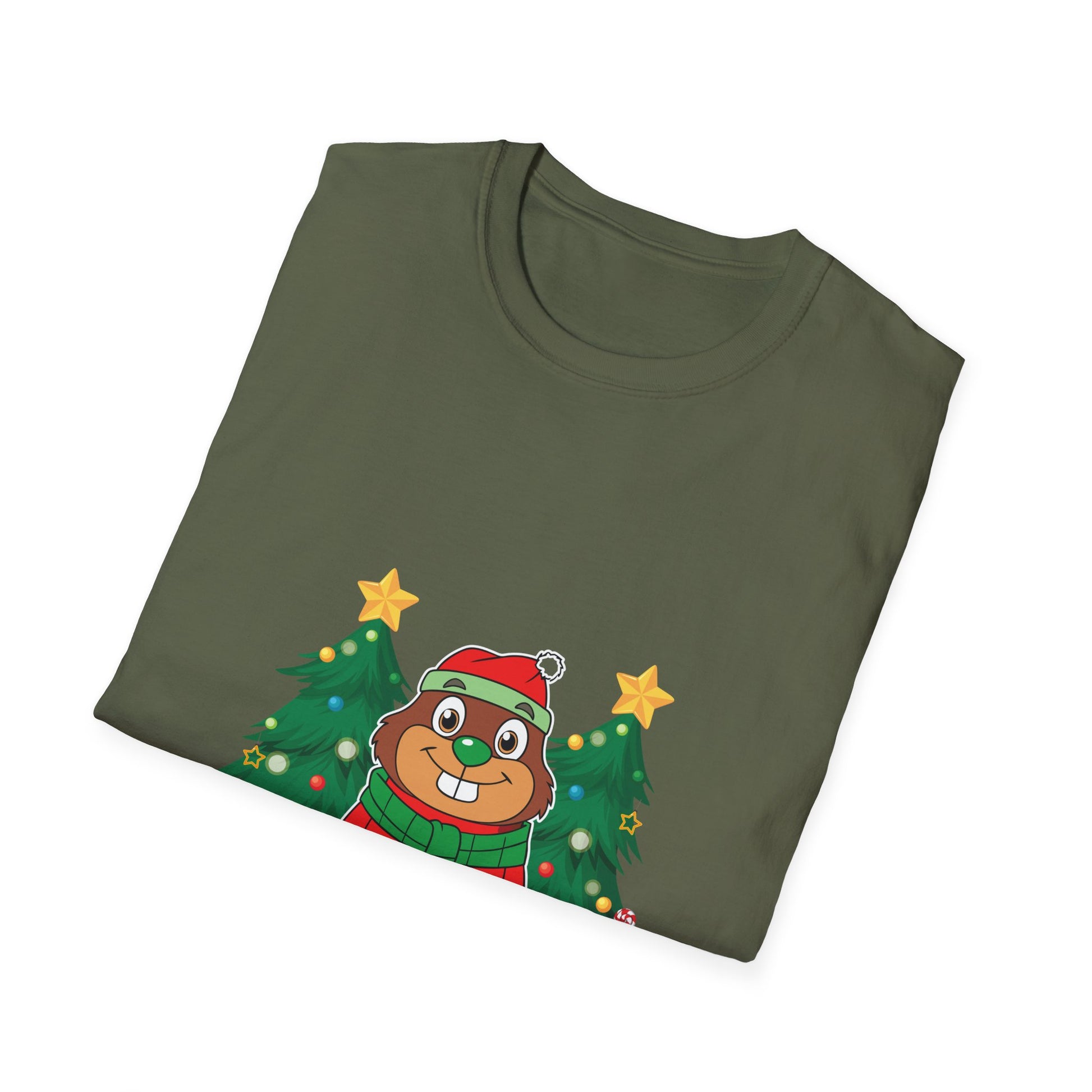 Christmas Groundhog T-Shirt — Cute Festive Groundhog in Scarf with Decorated Trees